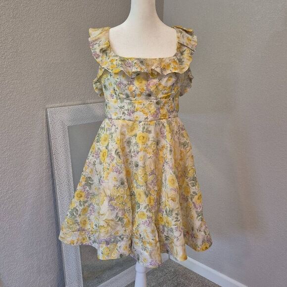 Zimmermann Harmony Linen-Silk Ruffled Floral Minidress Size 12 - Picture 1 of 9